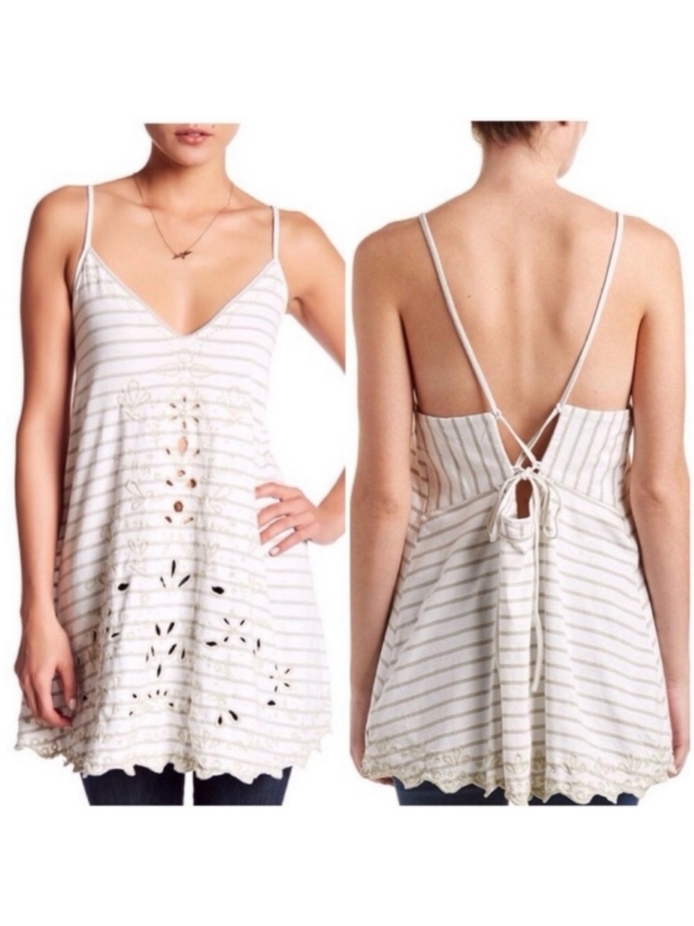 FREE PEOPLE Seafaring Beige Striped Eyelet Open Back Tunic Tank  Boho Floral  L